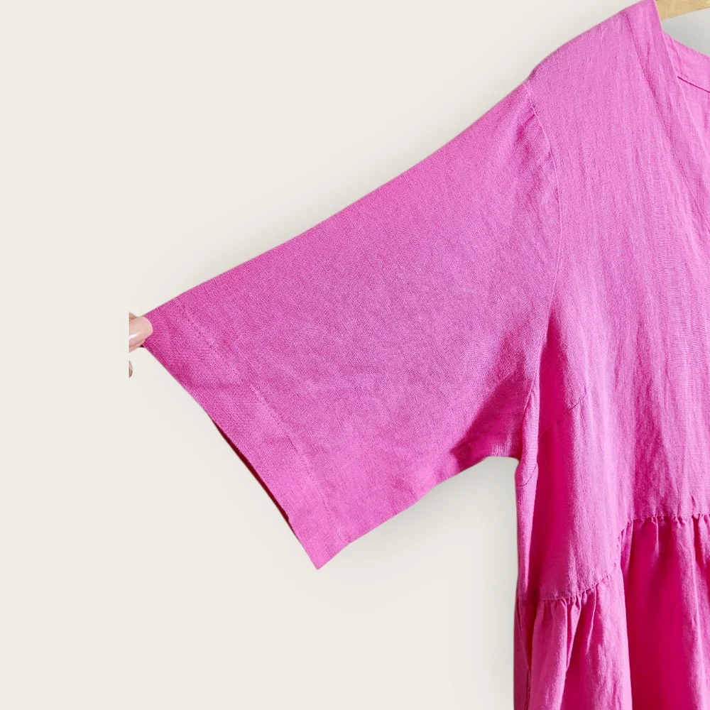 NWT GUDRUN SJODEN Magenta Pink Swedish Linen Button Front Midi Dress Large NEW - Picture 2 of 13